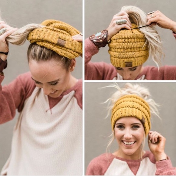 Black Beanie Messy Bun High Ponytail Hat - Picture 6 of 8